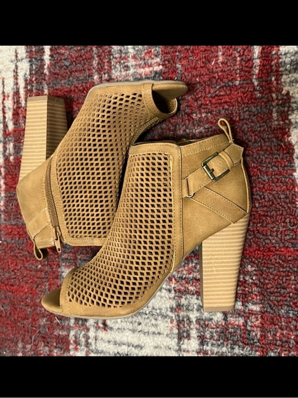 G by Guess Women’s Tan Peep-Toe Perforated Block Heel Booties